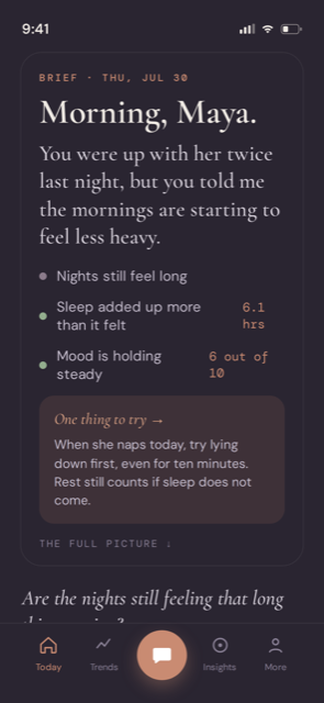 The Peri home screen, showing a short morning brief about last night's sleep and one thing to try today.