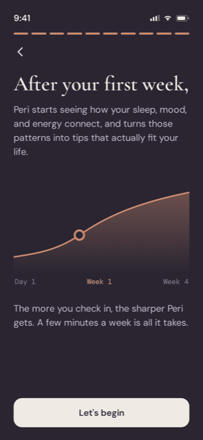 A Peri screen explaining that after the first week, the tips begin to match what works for you.