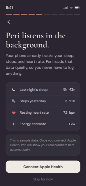 A Peri screen listing last night's sleep, steps yesterday, and resting heart rate, with a button to connect Apple Health.