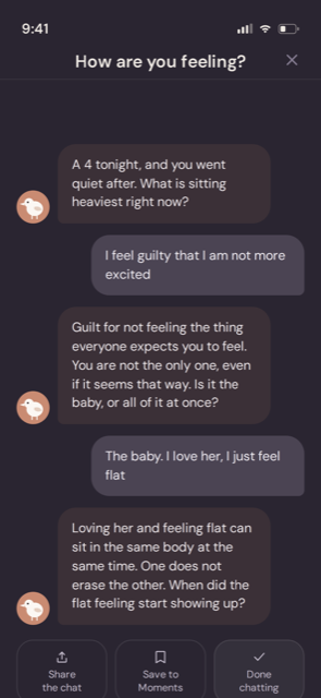 A late night conversation in Peri, where a mom says she feels guilty and Peri answers without judgment.